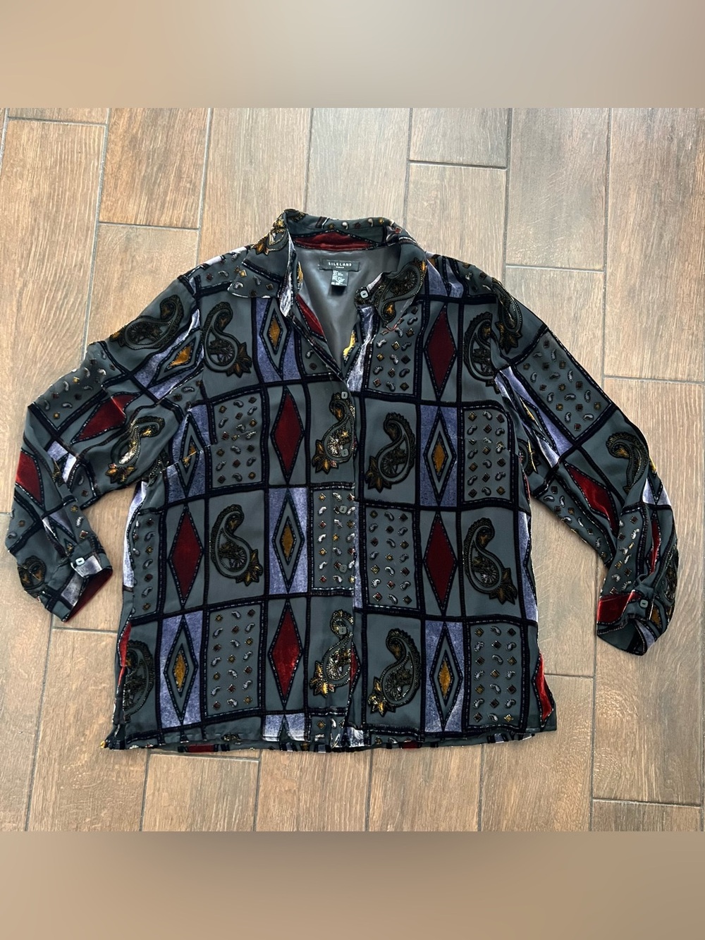 Silkland Woman Black Silk Long Sleeve Button Down Paisley Velvet Blouse sz 1X